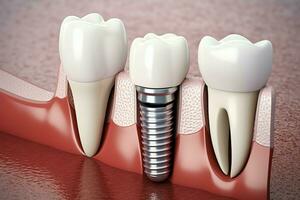 Close up of a dental tooth implant or healthy human teeth. White enamel and dental implants surgery concept by AI Generated photo