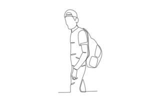 Side view of a man in a hat carrying a backpack vector