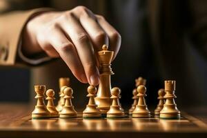 tablero de ajedrez con negocio estrategia, táctica y competencia de un ajedrez juego. negocio y liderazgo concepto por ai generado foto