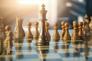 Chessboard with business strategy, tactic and competition of a chess game. Business and leadership concept by AI Generated photo