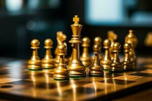 Chessboard with business strategy, tactic and competition of a chess game. Business and leadership concept by AI Generated photo