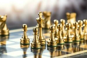 Chessboard with business strategy, tactic and competition of a chess game. Business and leadership concept by AI Generated photo