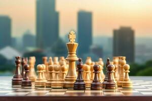 Chessboard with business strategy, tactic and competition of a chess game. Business and leadership concept by AI Generated photo