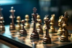 Chessboard with business strategy, tactic and competition of a chess game. Business and leadership concept by AI Generated photo