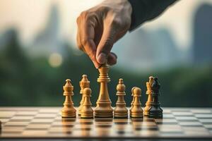 Chessboard with business strategy, tactic and competition of a chess game. Business and leadership concept by AI Generated photo