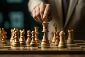 Chessboard with business strategy, tactic and competition of a chess game. Business and leadership concept by AI Generated photo