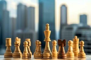 tablero de ajedrez con negocio estrategia, táctica y competencia de un ajedrez juego. negocio y liderazgo concepto por ai generado foto