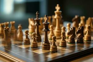 Chessboard with business strategy, tactic and competition of a chess game. Business and leadership concept by AI Generated photo