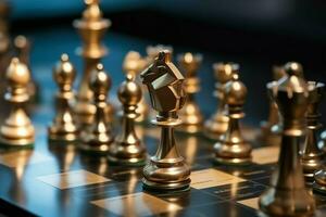 Chessboard with business strategy, tactic and competition of a chess game. Business and leadership concept by AI Generated photo