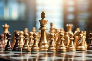 Chessboard with business strategy, tactic and competition of a chess game. Business and leadership concept by AI Generated photo