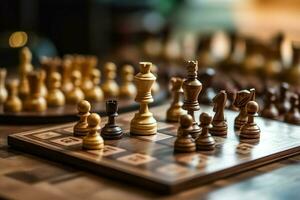 Chessboard with business strategy, tactic and competition of a chess game. Business and leadership concept by AI Generated photo