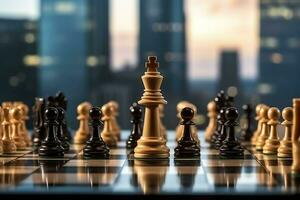 Chessboard with business strategy, tactic and competition of a chess game. Business and leadership concept by AI Generated photo