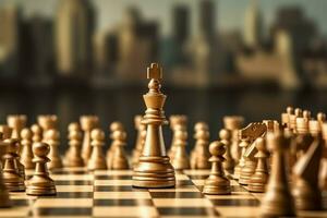 Chessboard with business strategy, tactic and competition of a chess game. Business and leadership concept by AI Generated photo