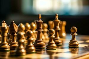 Chessboard with business strategy, tactic and competition of a chess game. Business and leadership concept by AI Generated photo