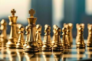 Chessboard with business strategy, tactic and competition of a chess game. Business and leadership concept by AI Generated photo