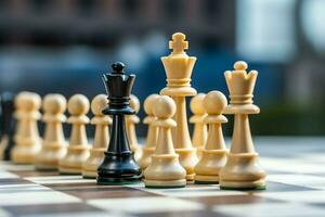 Chessboard with business strategy, tactic and competition of a chess game. Business and leadership concept by AI Generated photo