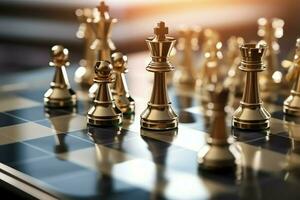 Chessboard with business strategy, tactic and competition of a chess game. Business and leadership concept by AI Generated photo
