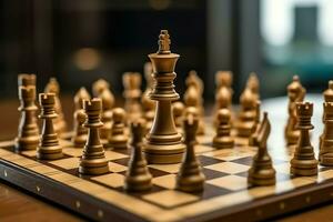 Chessboard with business strategy, tactic and competition of a chess game. Business and leadership concept by AI Generated photo