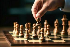 Chessboard with business strategy, tactic and competition of a chess game. Business and leadership concept by AI Generated photo