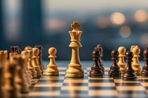 Chessboard with business strategy, tactic and competition of a chess game. Business and leadership concept by AI Generated photo