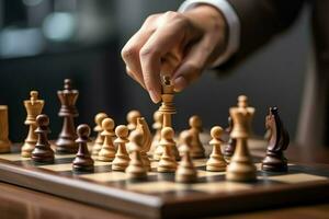 Chessboard with business strategy, tactic and competition of a chess game. Business and leadership concept by AI Generated photo