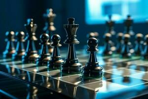 Chessboard with business strategy, tactic and competition of a chess game. Business and leadership concept by AI Generated photo