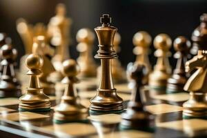 Chessboard with business strategy, tactic and competition of a chess game. Business and leadership concept by AI Generated photo