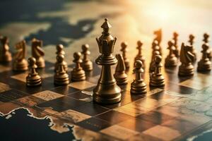 Chessboard with business strategy, tactic and competition of a chess game. Business and leadership concept by AI Generated photo