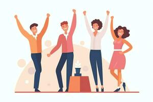 Happy people jumping and cheering celebrating victory. Succeeding winning and happy in flat cartoon concept by AI Generated photo