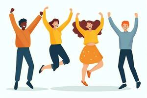 Happy people jumping and cheering celebrating victory. Succeeding winning and happy in flat cartoon concept by AI Generated photo