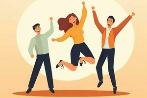 Happy people jumping and cheering celebrating victory. Succeeding winning and happy in flat cartoon concept by AI Generated photo