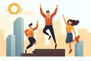 Happy people jumping and cheering celebrating victory. Succeeding winning and happy in flat cartoon concept by AI Generated photo