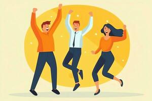 Happy people jumping and cheering celebrating victory. Succeeding winning and happy in flat cartoon concept by AI Generated photo