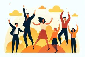 Happy people jumping and cheering celebrating victory. Succeeding winning and happy in flat cartoon concept by AI Generated photo