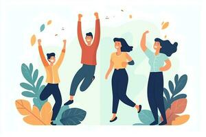 Happy people jumping and cheering celebrating victory. Succeeding winning and happy in flat cartoon concept by AI Generated photo