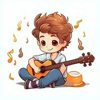 linda chico jugando guitarra y escuchando a música con auriculares en dibujos animados estilo. juventud día o música día concepto por ai generado foto