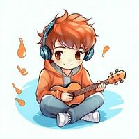 Cute boy playing guitar and listening to music with headset in cartoon style. Youth day or music day concept by AI Generated photo