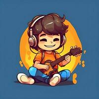 Cute boy playing guitar and listening to music with headset in cartoon style. Youth day or music day concept by AI Generated photo