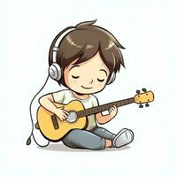 linda chico jugando guitarra y escuchando a música con auriculares en dibujos animados estilo. juventud día o música día concepto por ai generado foto