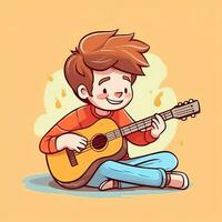 Cute boy playing guitar and listening to music with headset in cartoon style. Youth day or music day concept by AI Generated photo