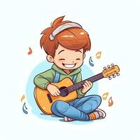 Cute boy playing guitar and listening to music with headset in cartoon style. Youth day or music day concept by AI Generated photo