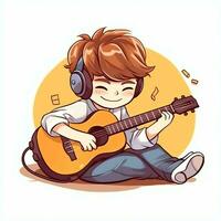 linda chico jugando guitarra y escuchando a música con auriculares en dibujos animados estilo. juventud día o música día concepto por ai generado foto