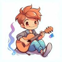 Cute boy playing guitar and listening to music with headset in cartoon style. Youth day or music day concept by AI Generated photo