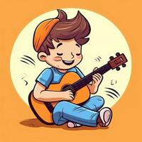 Cute boy playing guitar and listening to music with headset in cartoon style. Youth day or music day concept by AI Generated photo