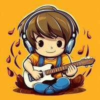 linda chico jugando guitarra y escuchando a música con auriculares en dibujos animados estilo. juventud día o música día concepto por ai generado foto