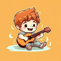 Cute boy playing guitar and listening to music with headset in cartoon style. Youth day or music day concept by AI Generated photo