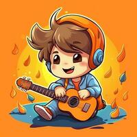 Cute boy playing guitar and listening to music with headset in cartoon style. Youth day or music day concept by AI Generated photo