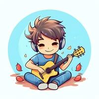 Cute boy playing guitar and listening to music with headset in cartoon style. Youth day or music day concept by AI Generated photo