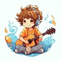 linda chico jugando guitarra y escuchando a música con auriculares en dibujos animados estilo. juventud día o música día concepto por ai generado foto