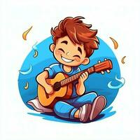 linda chico jugando guitarra y escuchando a música con auriculares en dibujos animados estilo. juventud día o música día concepto por ai generado foto